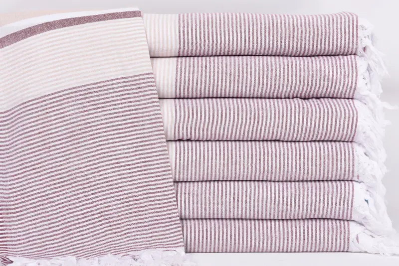 Personalized Beach Towel Beige-Burgundy Stripe, Organic Cotton, 67x40 Inches