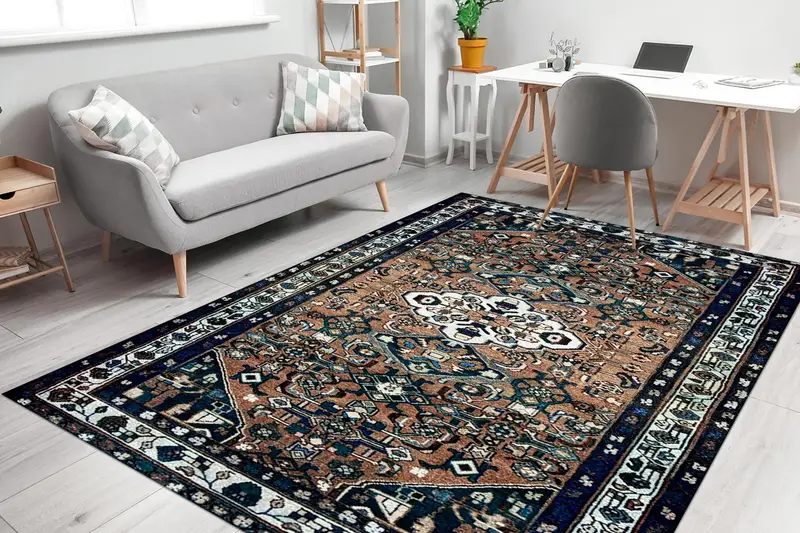 エレガントなグリーン & ブラウンの花柄ヴィンテージ プリント ラグ - モダン シック