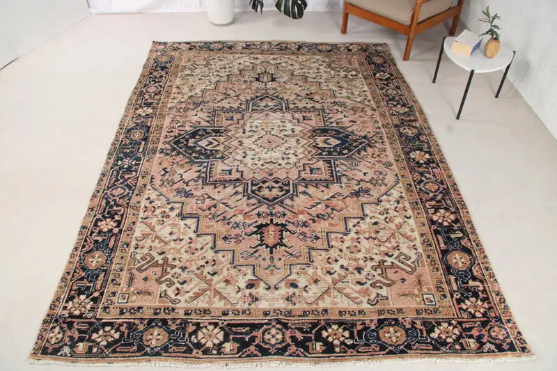 Türk Büyük Halı, 6.4x8.6 ft Vintage Halı, Mavi Oushak Yün Halı - 1