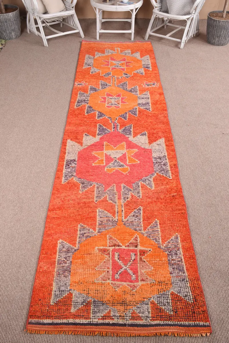 3,1 x 12,5 ft großer türkischer Teppich, Vintage-Läuferteppich, orangefarbener Patchwork-Wollteppich - 1