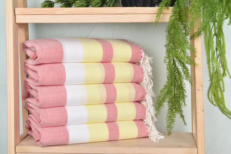 Coral-Light Yellow Cotton Striped Towel, Bachelorette Gift, 40x71 Inches
