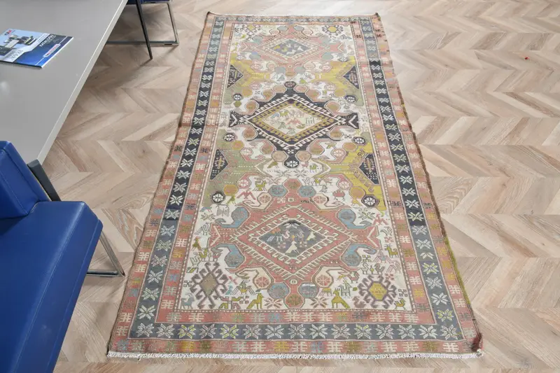 3,7x6,7 ft Halı, Canlı Turuncu ve Mavi Çizgili Tasarım