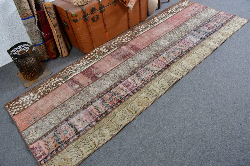 Türkischer 3,1x8,9 ft Teppich, Läufer Vintage Teppich, brauner Wollteppich mit Blumenmuster - 1