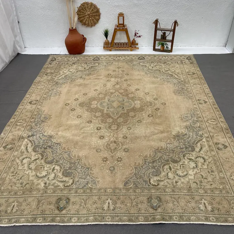 Vintage Turkish Oushak Oversize Rug 9.2x11.9 ft, Brown Plants & trees Rug Wool - 1