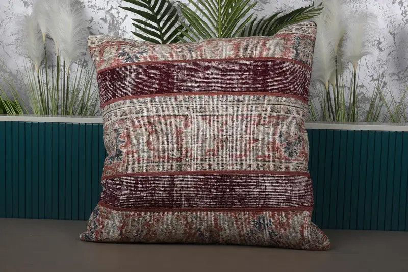 Rot-braunes Patchwork-Wurfkissen, 32x32 besticktes Vintage-Kissen