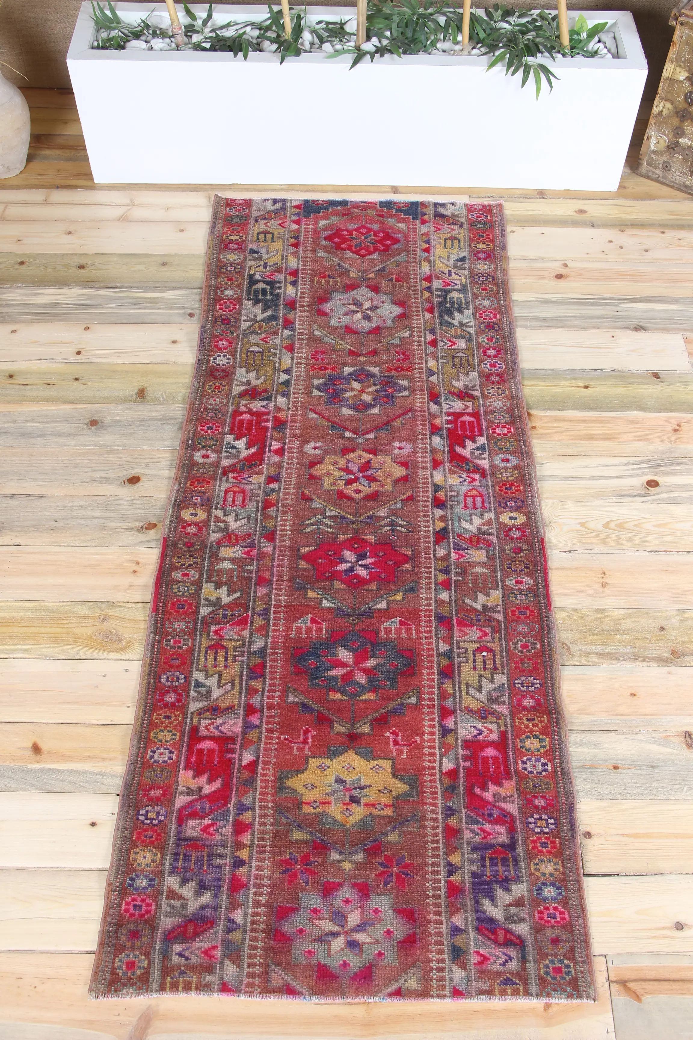 2.9x7.2 ft Accent Vintage Halı, Türk Halısı, Pembe Kahverengi Geometrik Halı - 1