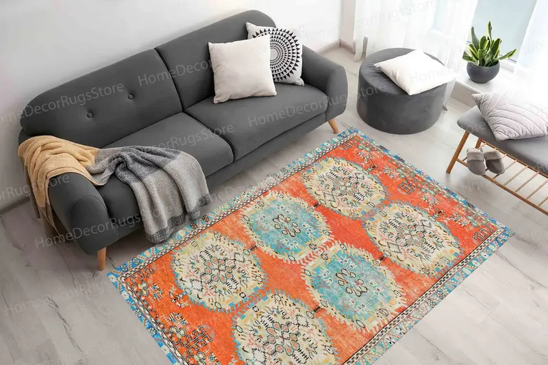 ブルーフローラルアンティークデザインプリントラグ、ヴィンテージスタイルの家の装飾