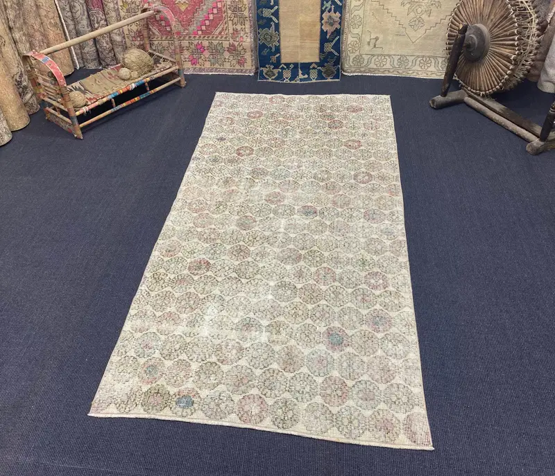 Alfombra de área turca, alfombra vintage de 3,7x7,1 pies, alfombra de lana con estampado animal púrpura - 1