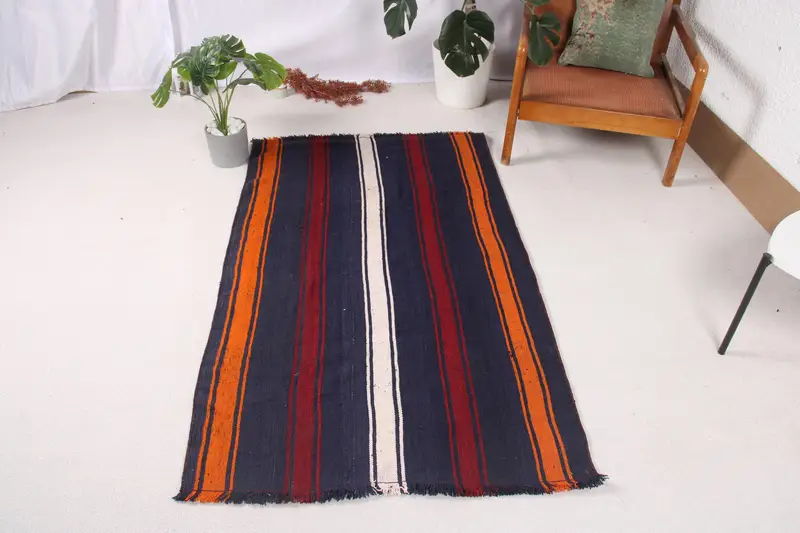 Türk Vintage Kilim Halısı 3,2x5,4 ft (98x165 cm), Mavi Patchwork Yün Halı - 1