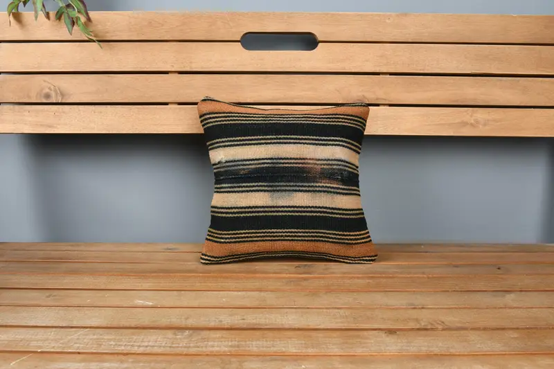 Vintage Kilim Throw Pillow, Boho Pillow Sham Cover, 12x12 Beige Cushion, Ottoman Pillow Case, Pillow for Sofa, Cushion Case - 7