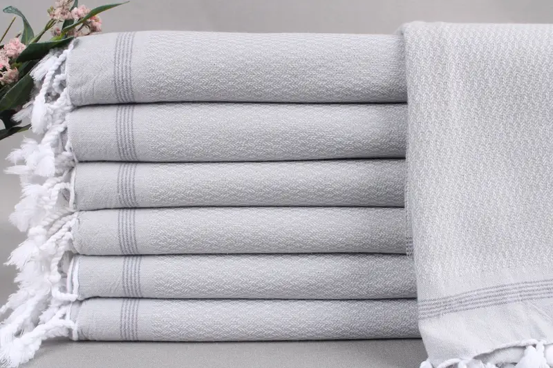 Turkish Towel Bath Towel, Gray with Beige, Organic Cotton, Chevron, 36x71 Inches