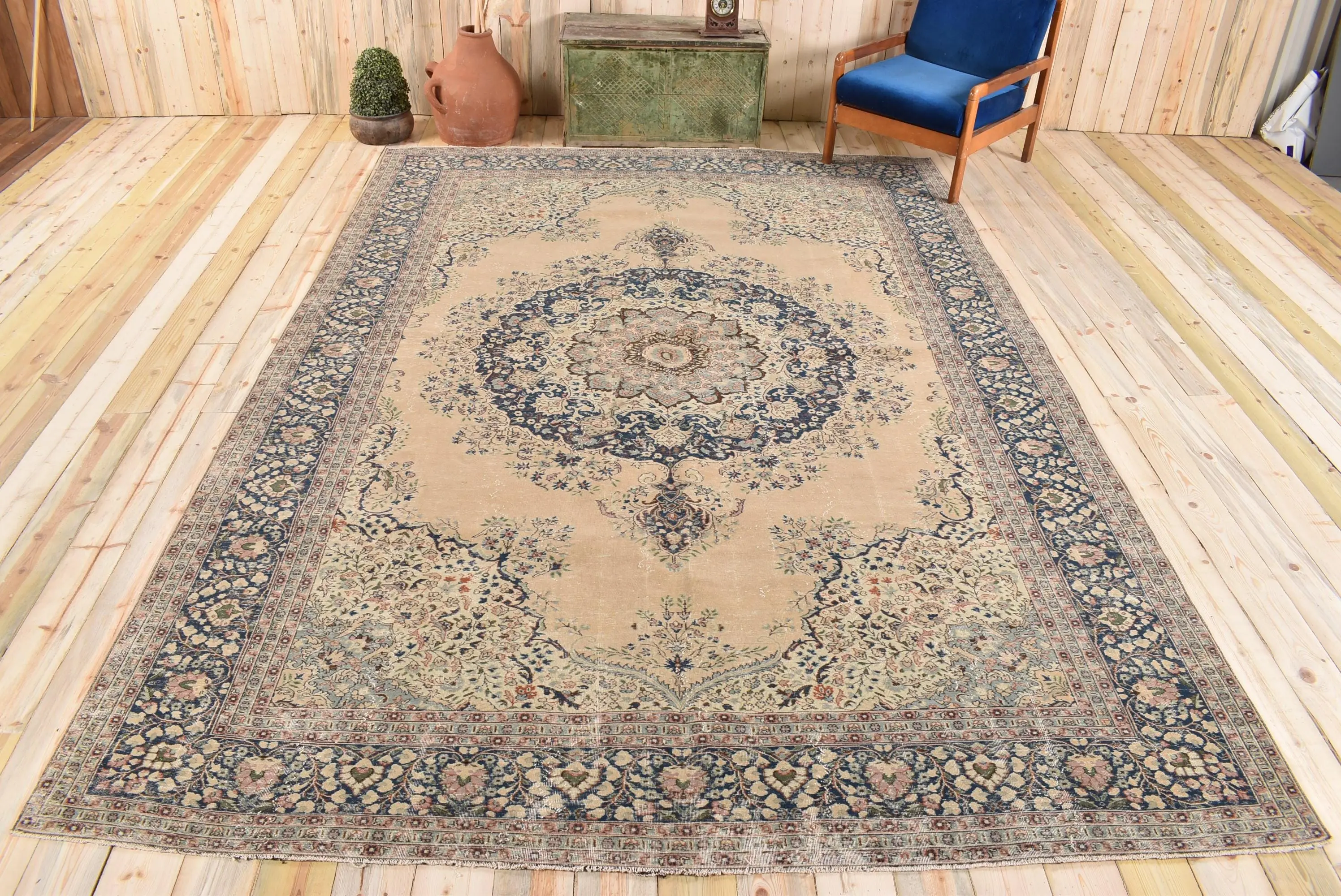 Vintage Turkish Rug, 8.2x11.9 ft Oversize Rug, Blue Brown Moroccan Wool Rug - 1