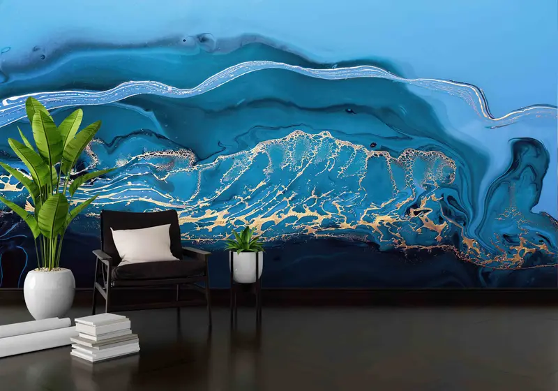Blue And Gold Marble Wall Decals, Modern Wall Stickers, Gold Marble Wall Mural, Contemporary Wall Decals, Wallpaper Patent,Marbling Wall Art - 9