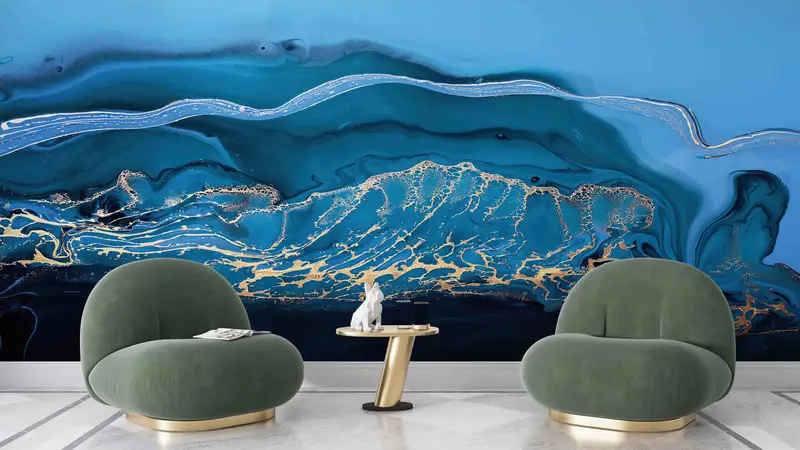 Blue And Gold Marble Wall Decals, Modern Wall Stickers, Gold Marble Wall Mural, Contemporary Wall Decals, Wallpaper Patent,Marbling Wall Art - 3