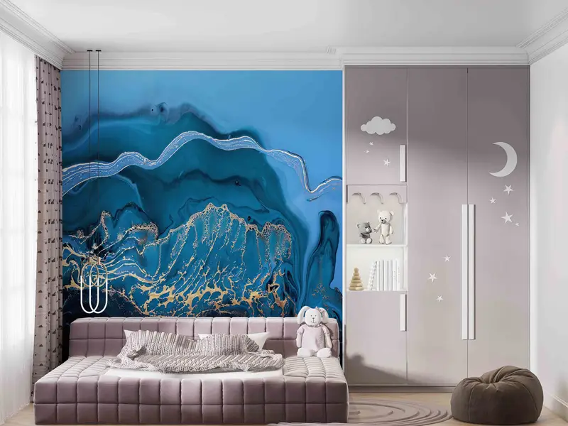 Blue And Gold Marble Wall Decals, Modern Wall Stickers, Gold Marble Wall Mural, Contemporary Wall Decals, Wallpaper Patent,Marbling Wall Art - 2