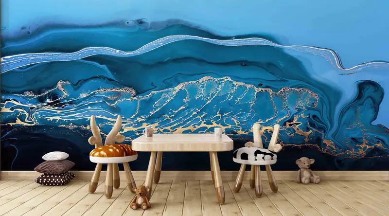 Blue And Gold Marble Wall Decals, Modern Wall Stickers, Gold Marble Wall Mural, Contemporary Wall Decals, Wallpaper Patent,Marbling Wall Art - 1