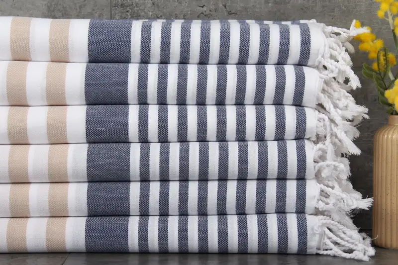 Turkish Beach Towel Organic Cotton Beige and Navy 40x63 Inches