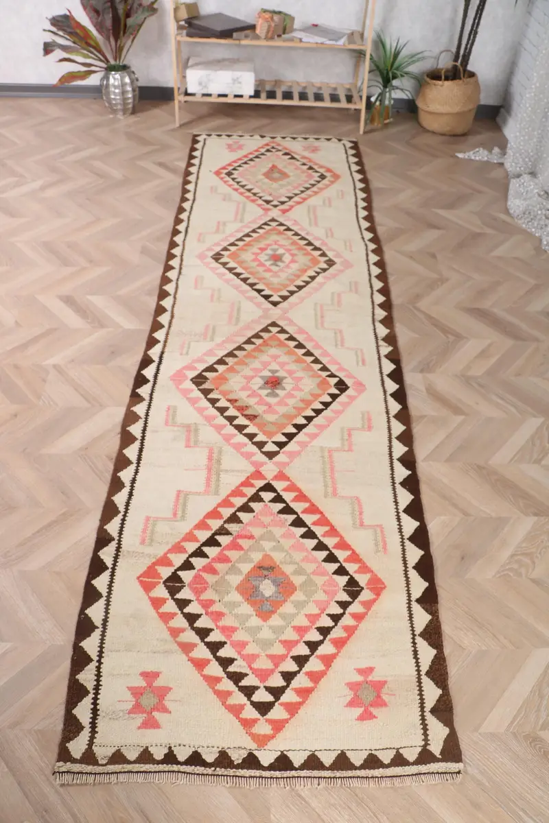 Vintage 2.7x10.3 ft Halı, Runner Türk Halısı, Kahverengi Çiçekli Yün Halı - 1