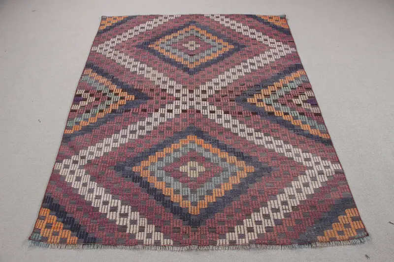 4.4x5.4 ft Accent Türk Halısı, Mavi Kamuflaj Vintage Halı - 1