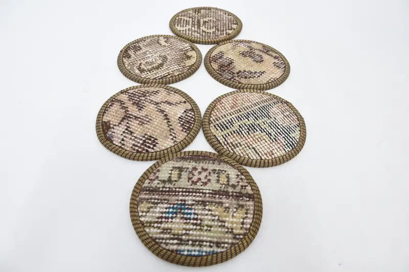Brown and Beige Circle Coasters, Handmade Turkish Rug Coasters