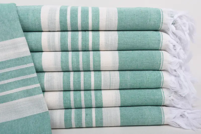 Beach Towel Handmade Turkish Cotton Green Stripes, 70x40 Inches