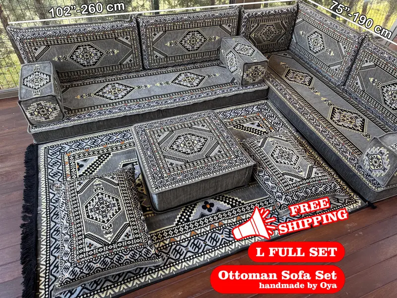 Bohem Gri & Siyah Osmanlı, Kilimden Esinlenen Yün Karışımlı Seksiyonel