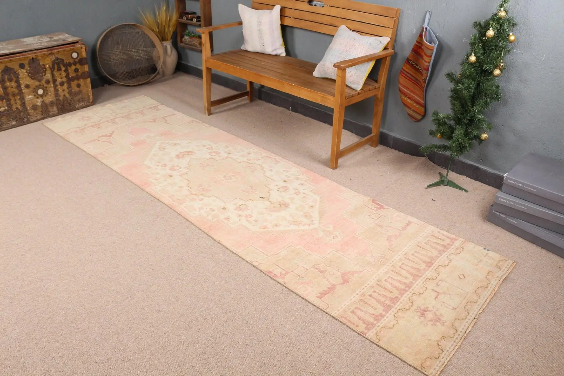 Vintage Rug, Runner 2.8x10.2 ft Rug, Pink Floral Rug - 1