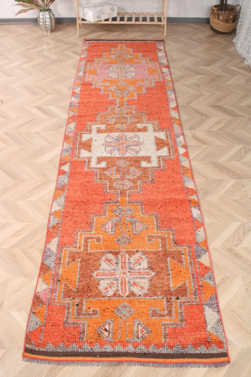 3x12.1 ft Vintage Halı, Türk Yolluk Halısı, Turuncu Gri Çiçekli Yün Halı - 1