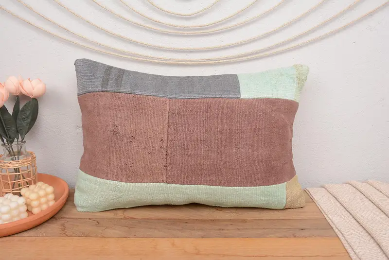 16x24 Inches Green & Brown Patchwork Pillow, Handmade Rectangle Pillow - 2