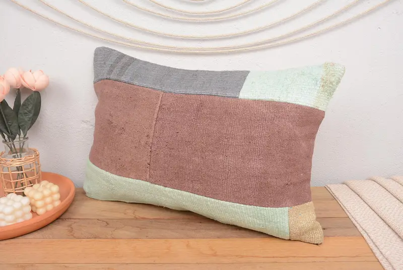 16x24 Inches Green & Brown Patchwork Pillow, Handmade Rectangle Pillow - 4