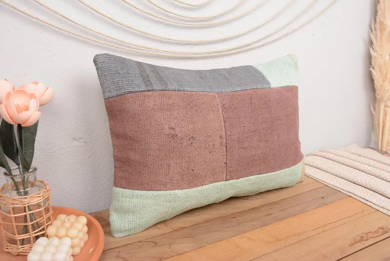 16x24 Inches Green & Brown Patchwork Pillow, Handmade Rectangle Pillow - 1