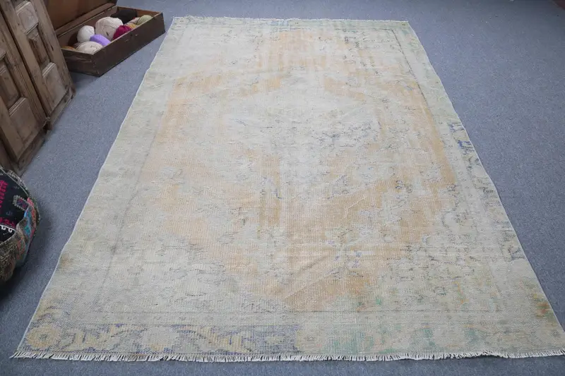 Alfombra turca vintage 5,8x8,8 pies (177x269 cm), alfombra de lana blanca Oushak - 1