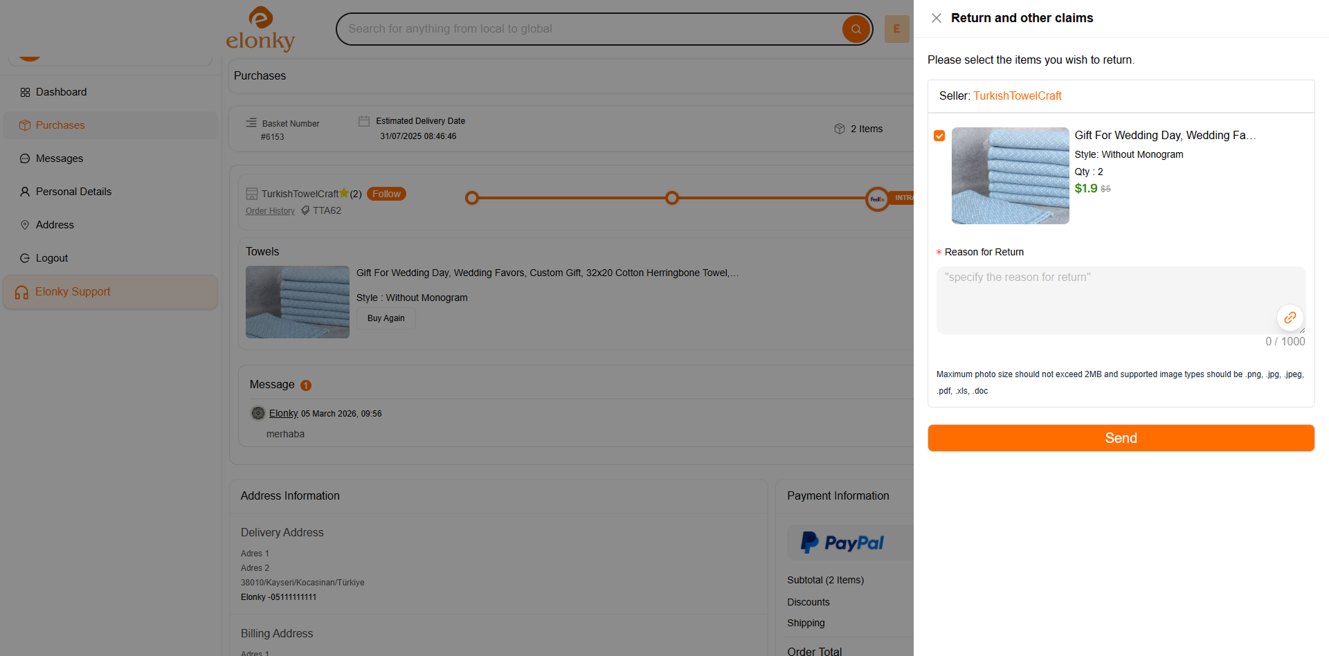 Elonky Return and Other Claims drawer — select items and submit your return