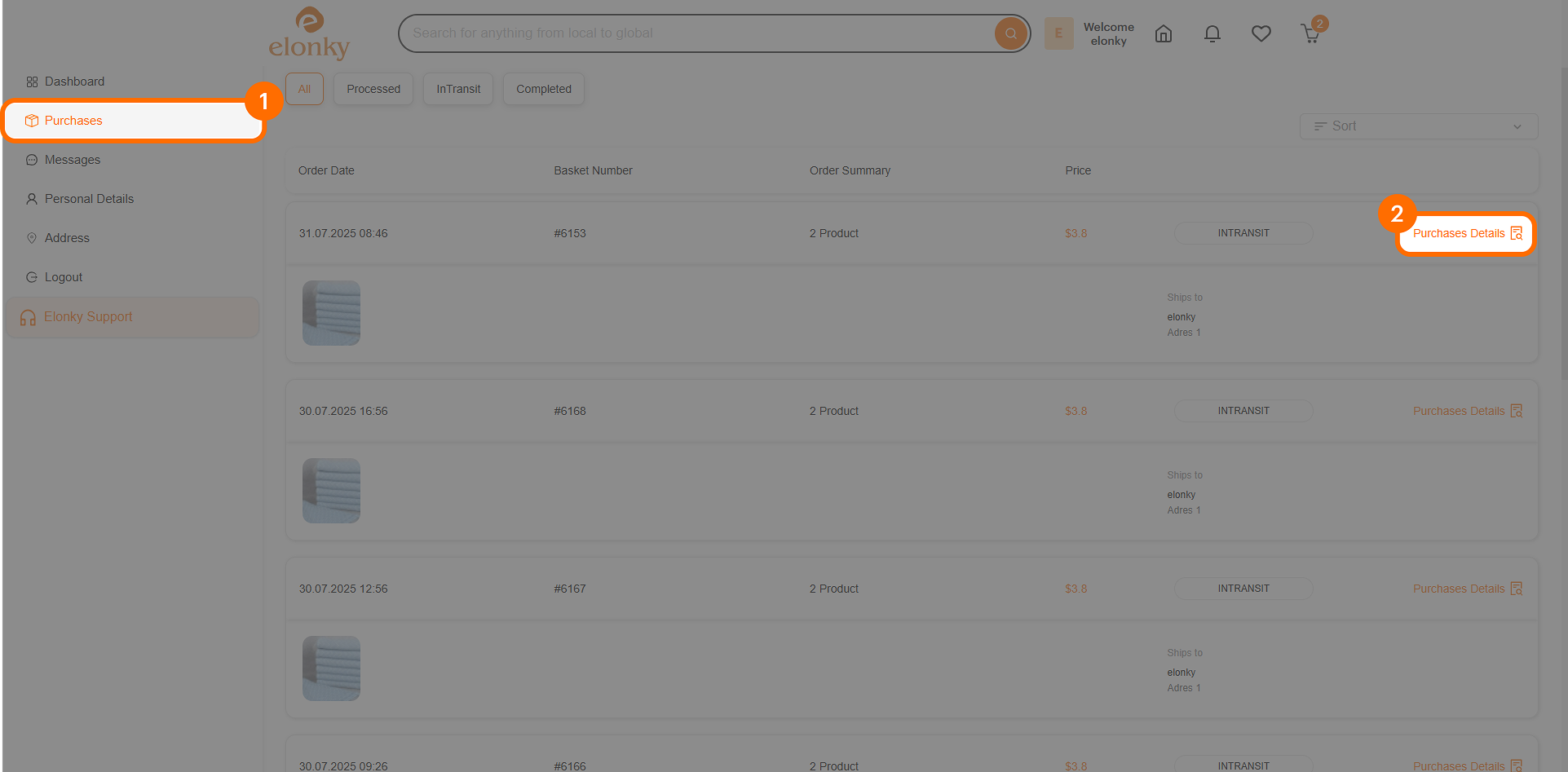 Elonky Purchases page — step 1: find the order, step 2: open Purchase Details